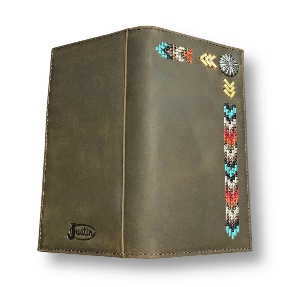 Justin Rodeo Wallet Brown Genuine Leather Tooled Western Stitch RFID Long Bifold